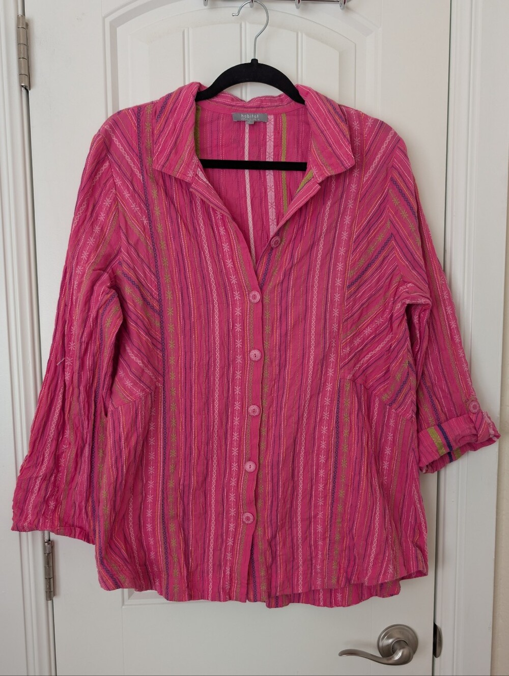 Hot Pink Dopamine Embroidered Striped Button-Front Shirt L
